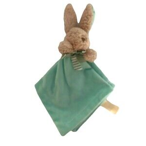 Baby Lovey Security Blanket Aqua Tan Bunny Striped Bow Rabbit Rattle Satin Back